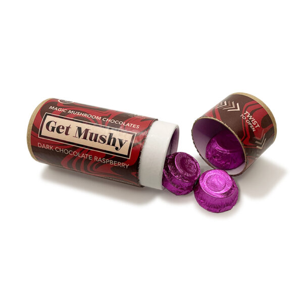 Raspberry Dark Chocolate Magic Mushroom red packaging on white background