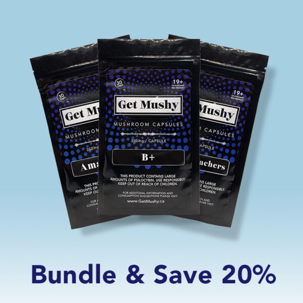 dark packaging of magic mushroom capsules on a blue background
